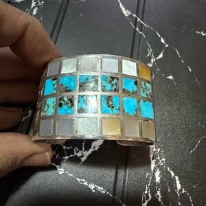 Turquoise Inlay Wide Cuff Bracelet - Blue Mosaic Design